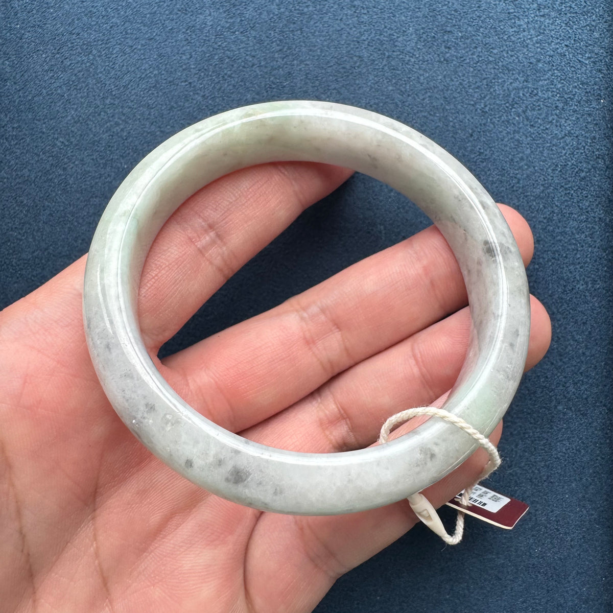 Certified Grade A Light Grey and Light Green with Grey Patterns Burmese Jade Bangle - 63mm Half Moon