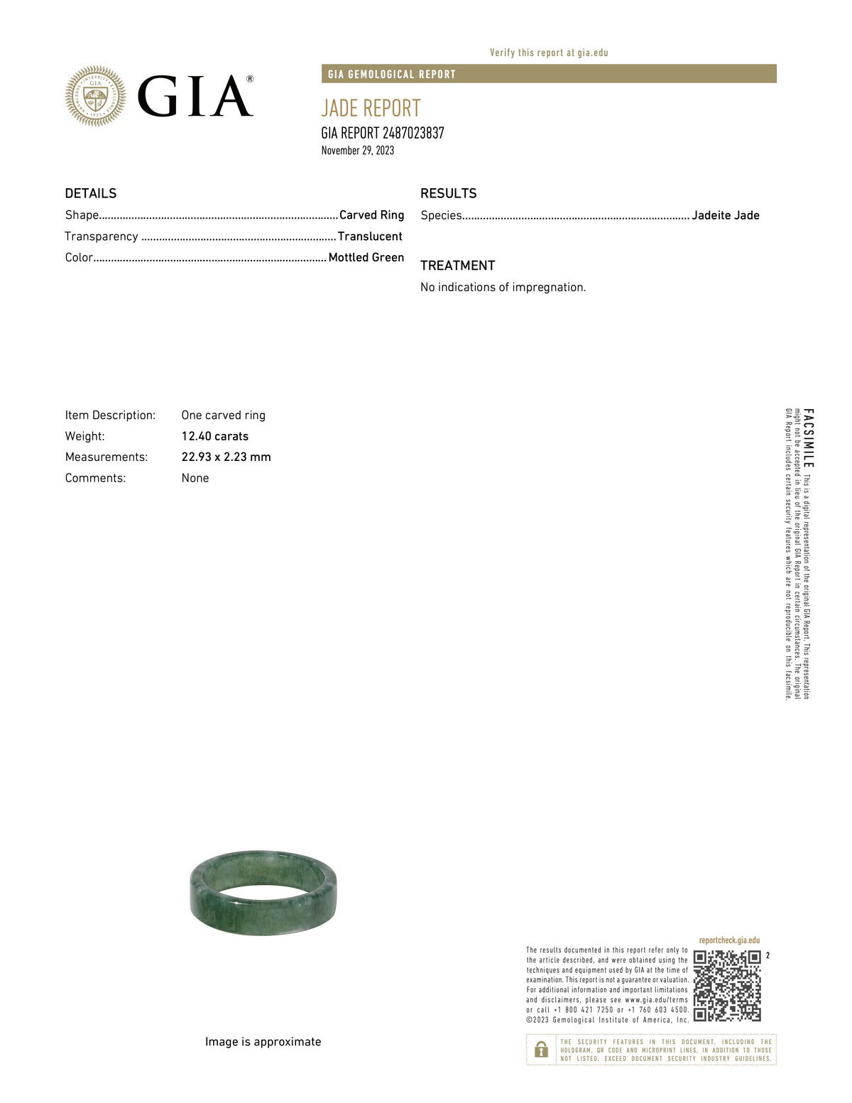 A GIA certificate of the natural jadeite jade ring shows that the jade ring is untreated and genuine.