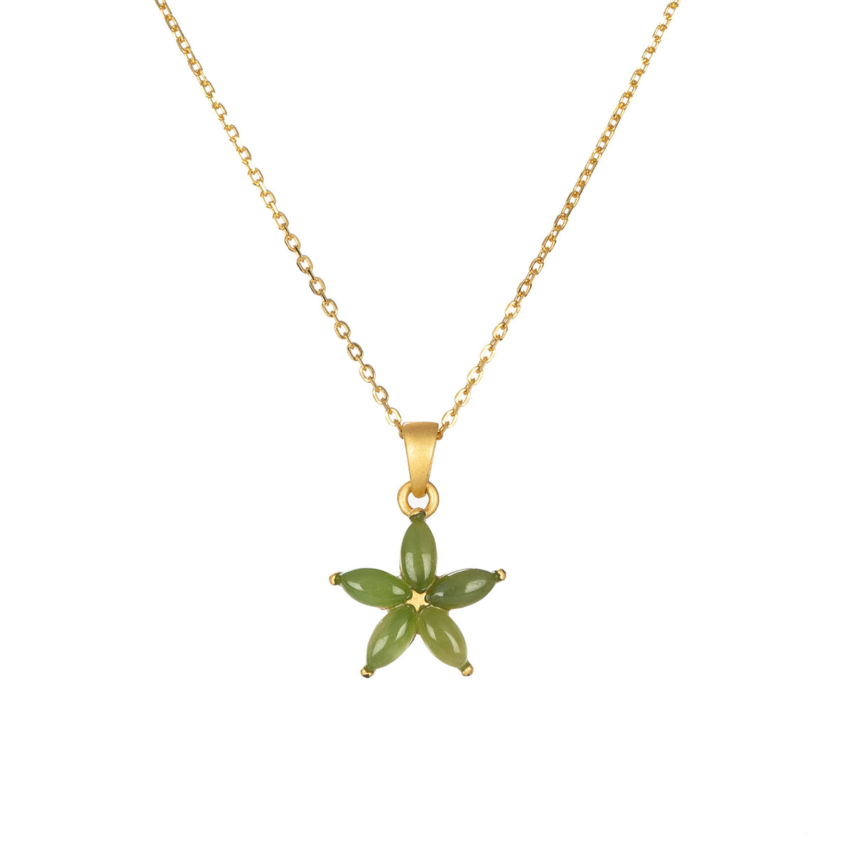A gold-colored necklace with a pendant featuring a floral design made from 925 sterling silver and nephrite jade.