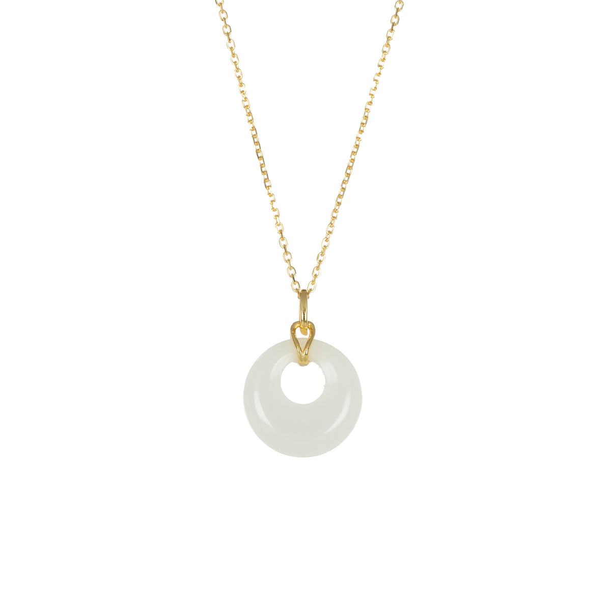 A gold-plated sterling silver pendant in the shape of a donut, with a natural Hetian jade centerpiece, attached to a matching gold-plated silver chain.