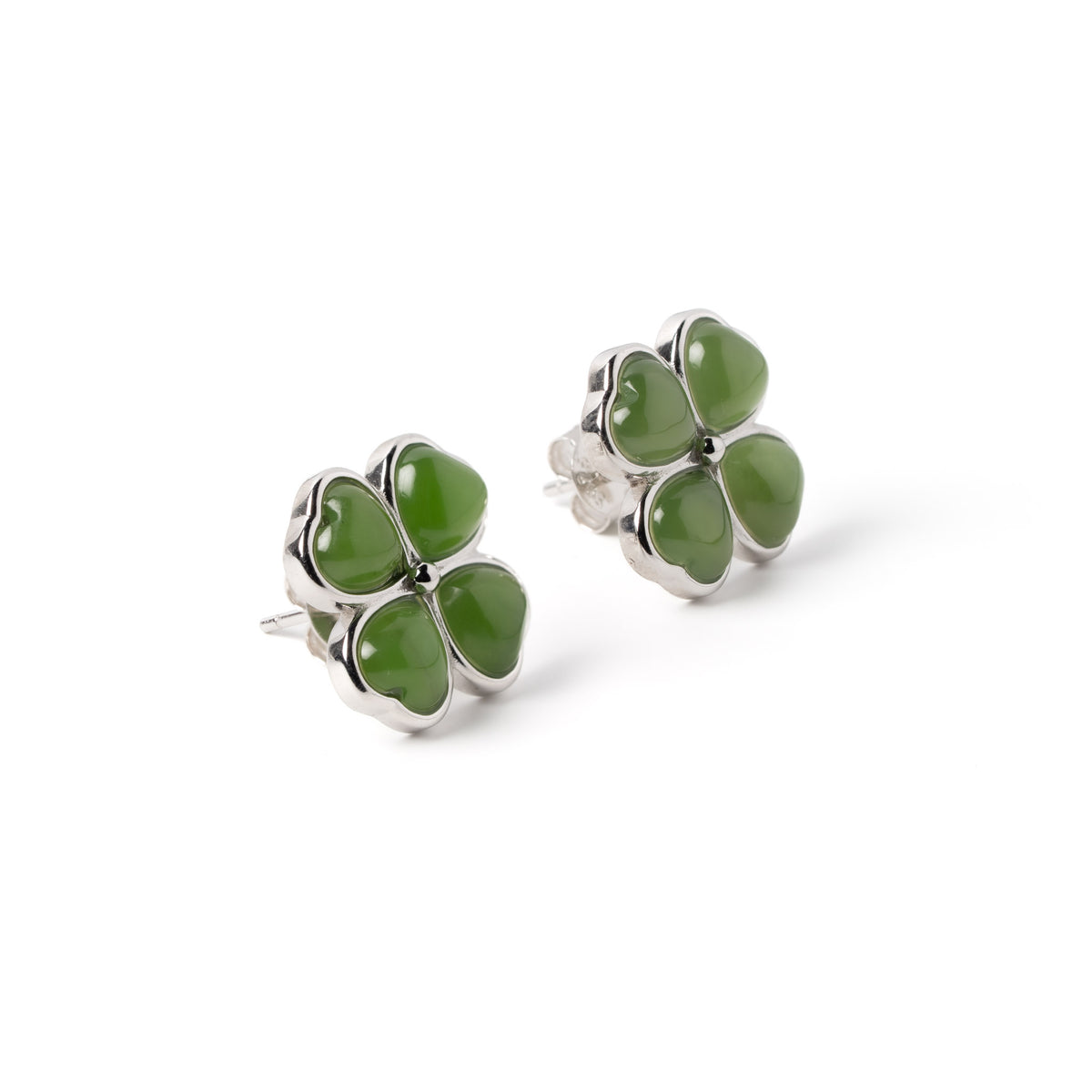 Jade Clover Charm Studs – Green Jade Clover Stud Earrings in Sterling Silver