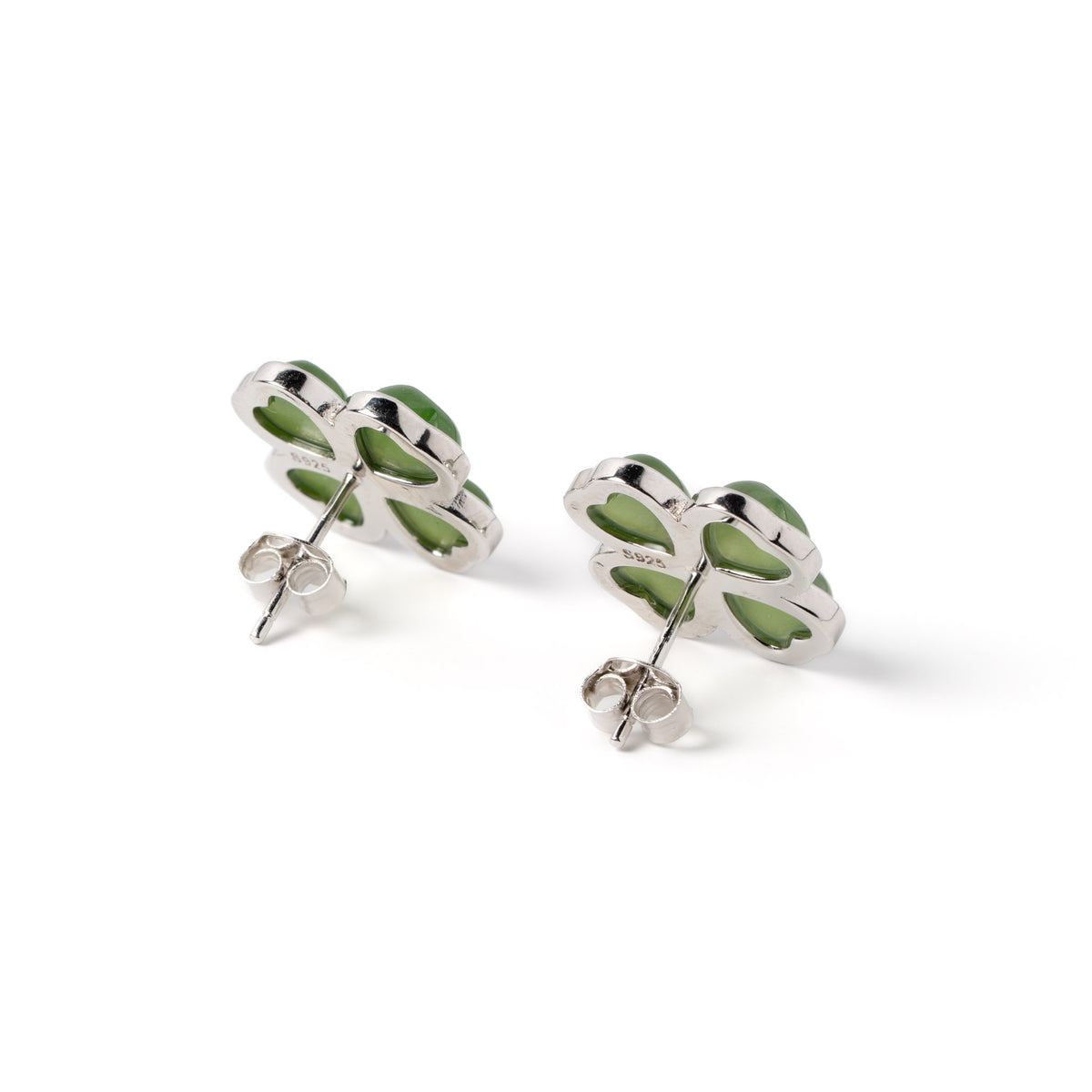 Jade Clover Charm Studs – Green Jade Clover Stud Earrings in Sterling Silver