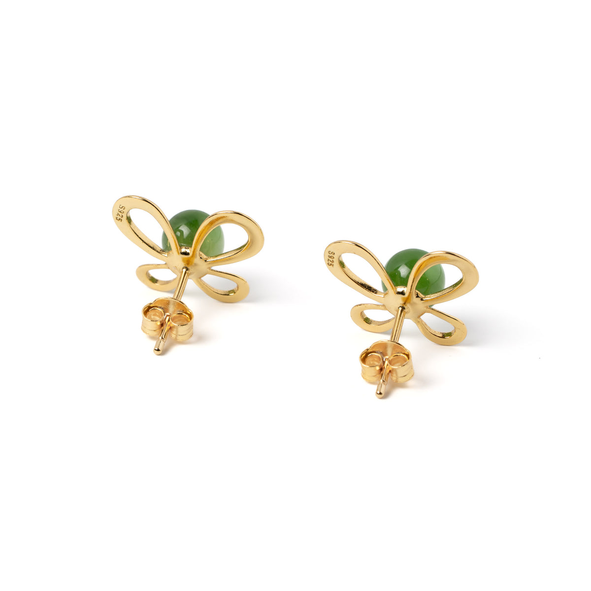Jade Flutter – Green Jade Butterfly Stud Earrings in Gold Vermeil