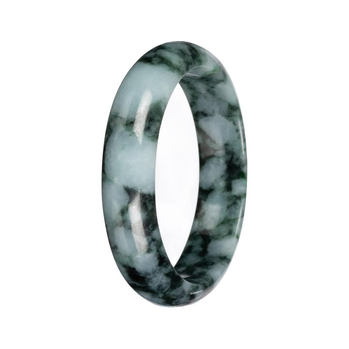 Grade A Green with Deep Green Pattern Burmese Jade Bangle Bracelet - 53mm Half Moon