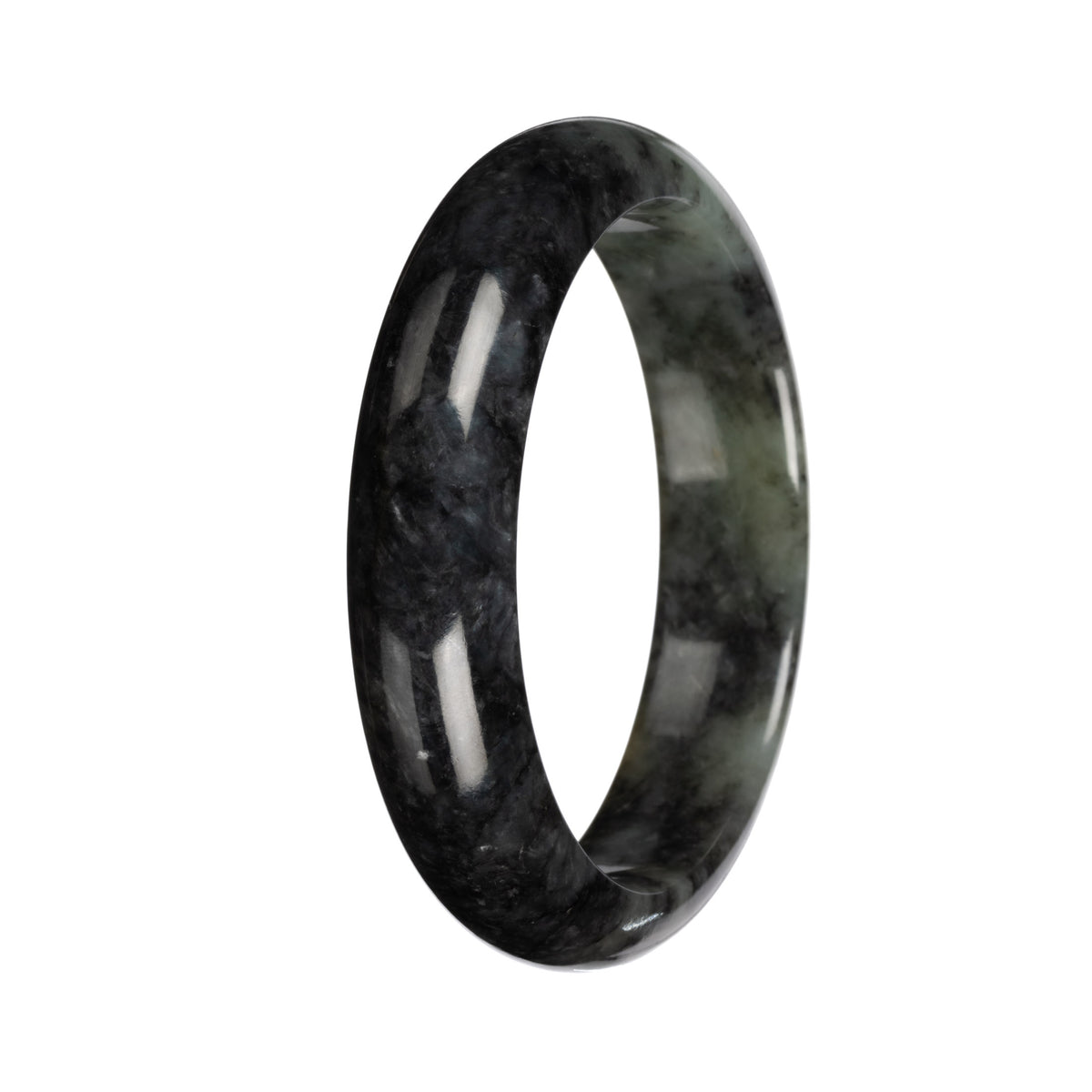 Authentic Deep Gray and Green Pattern Burmese Jade Bangle Bracelet - 58mm Half Moon