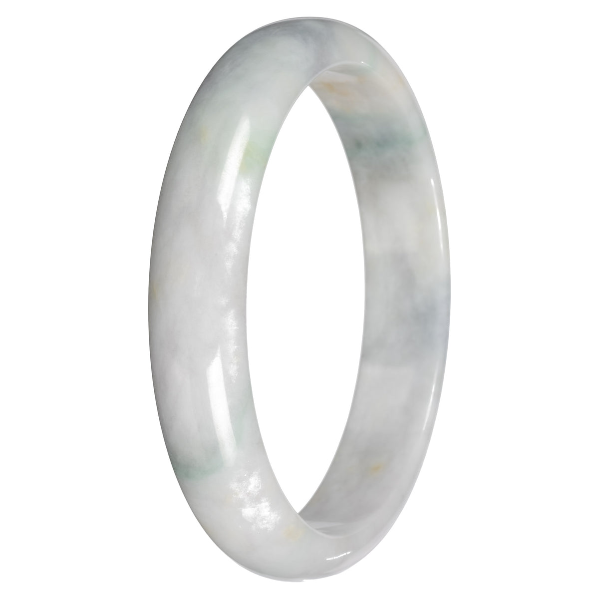 Natural White with Grey and Green Sections Jadeite Bangle Bracelet - 79mm Half Moon