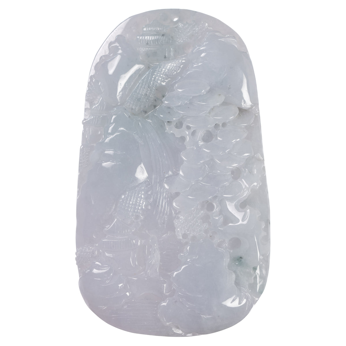 Carved Mountain, Tree and Temple Jade Pendant - Genuine Burmese Jadeite