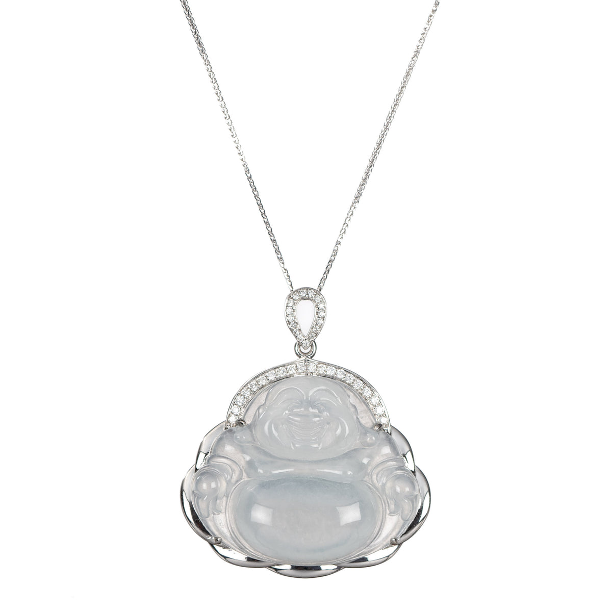 Icy White Jade Laughing Buddha Pendant in 18K White Gold
