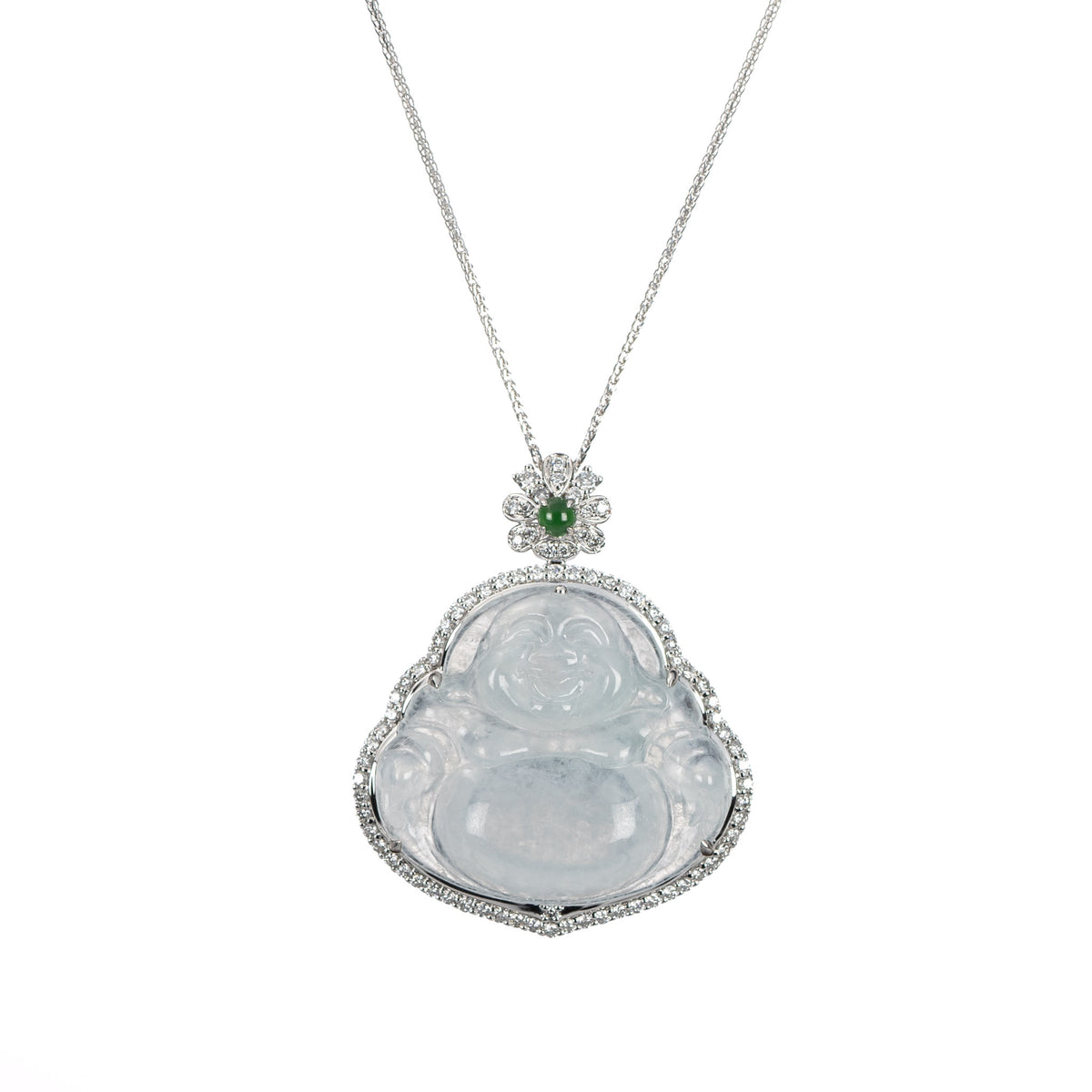 Icy Jadeite Jade & Diamond Happy Buddha Pendant
