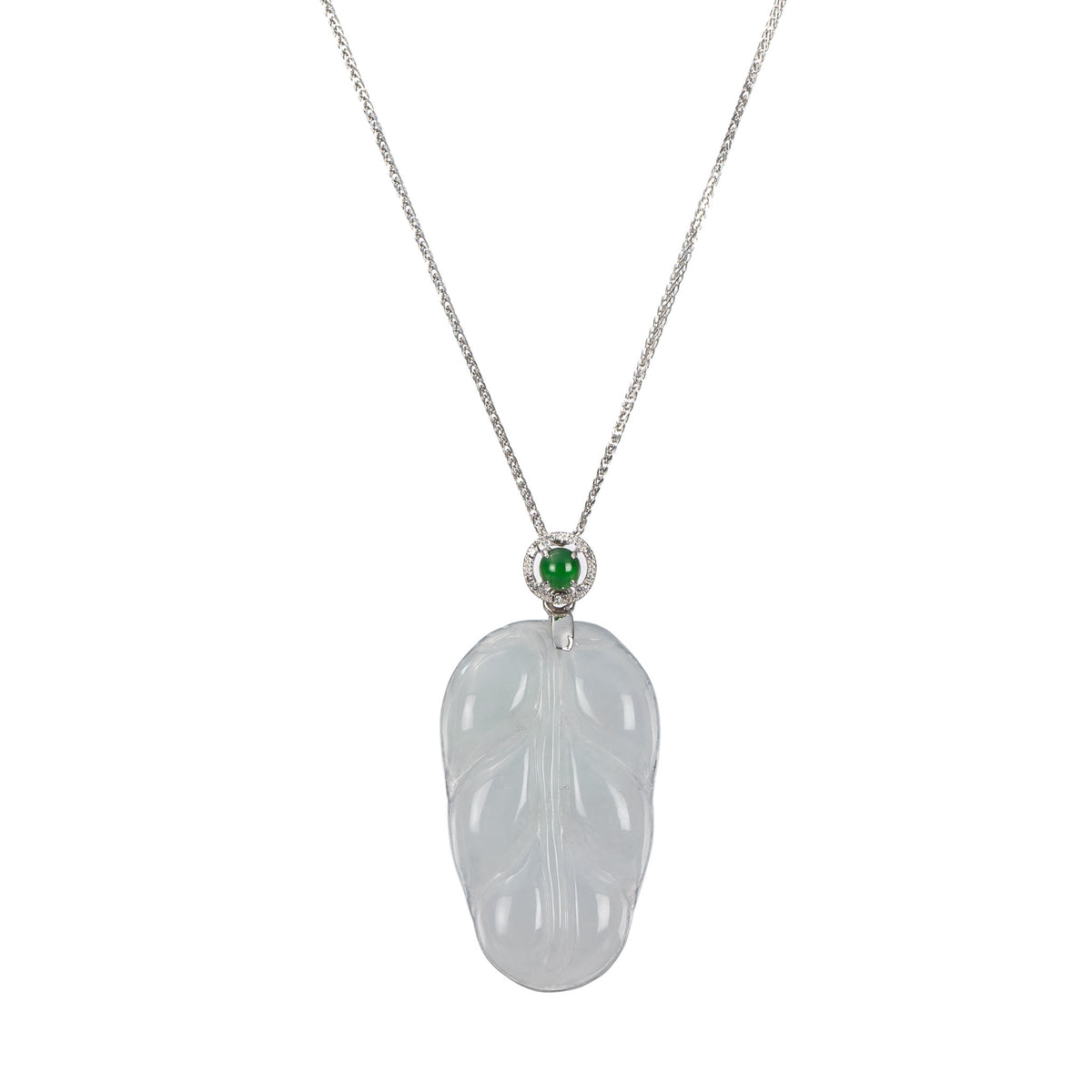 Jade Leaf Pendant - Imperial Green 18K White Gold Bail