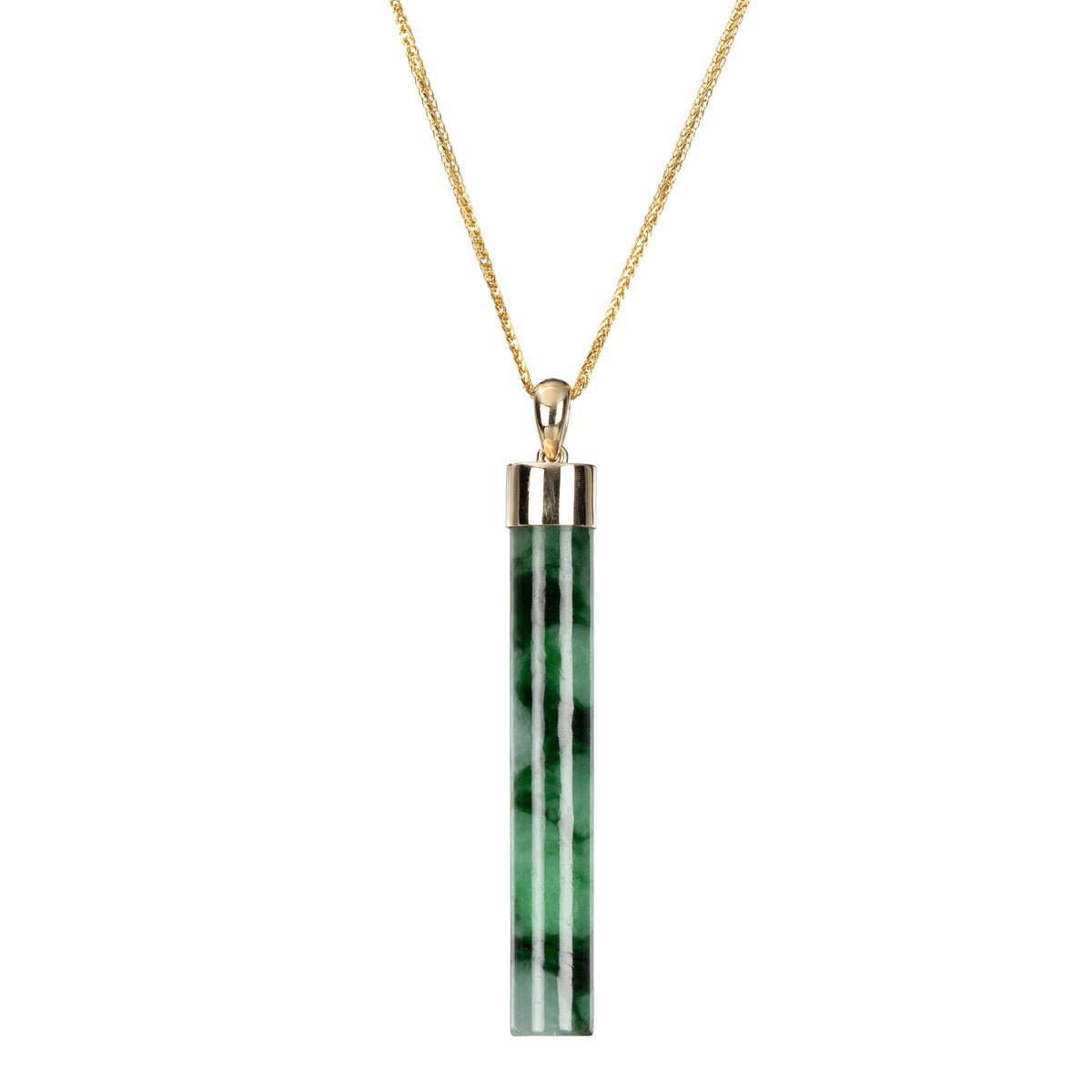 Green Jade Cylinder Pendant - 9K Yellow Gold