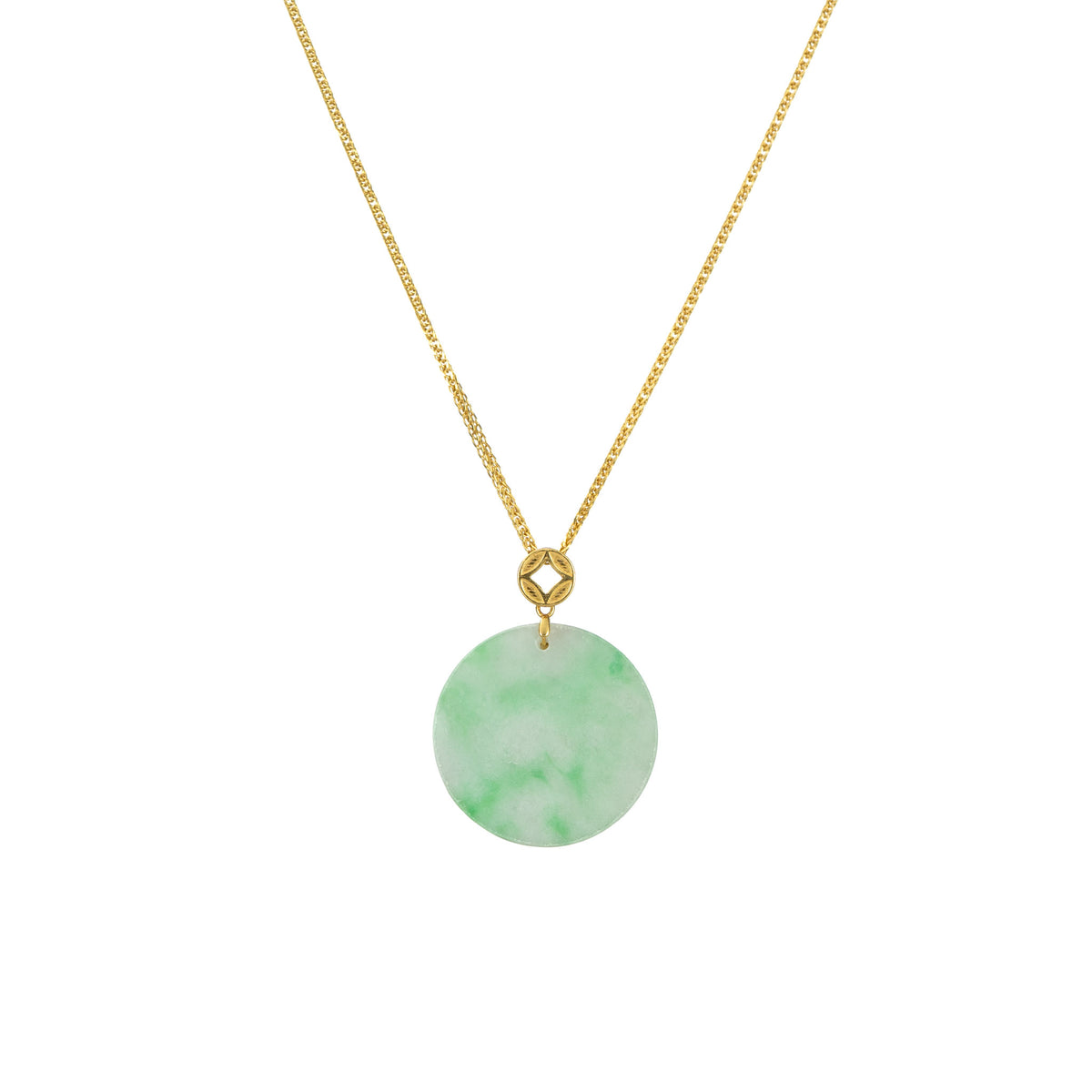 18K Yellow Gold Circular Jade Pendant Apple Green Pattern - Blossom