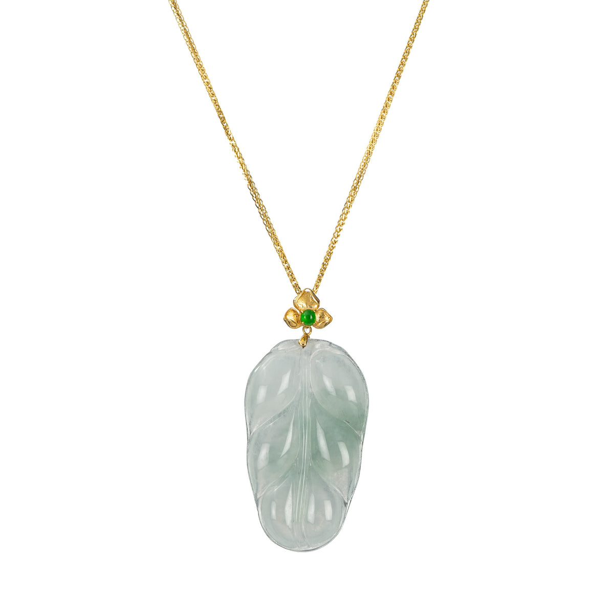 Icy Jadeite Jade Leaf Pendant with Gold Flower Bail