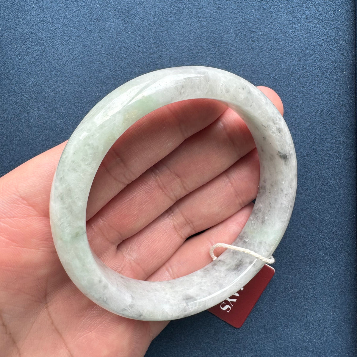 Certified Grade A Light Grey and Light Green with Grey Patterns Burmese Jade Bangle - 63mm Half Moon