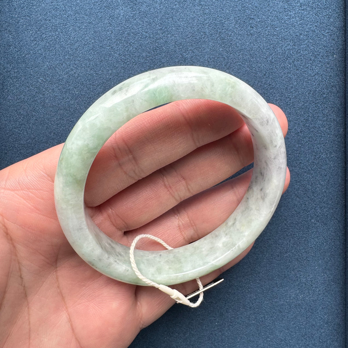 Genuine Grade A Light Grey and Light Green with Grey and Light Brown Spots Jadeite Jade Bracelet - 63mm Half Moon