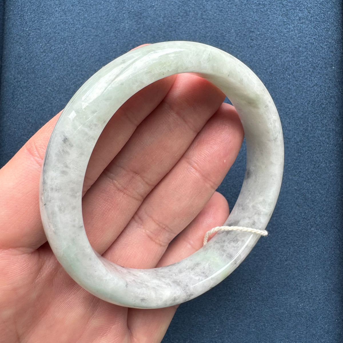 Certified Grade A Light Grey and Light Green with Grey Patterns Burmese Jade Bangle - 63mm Half Moon