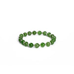 A bracelet featuring a series of round green Nephrite jade beads separated by sterling silver spacers, on a white background.