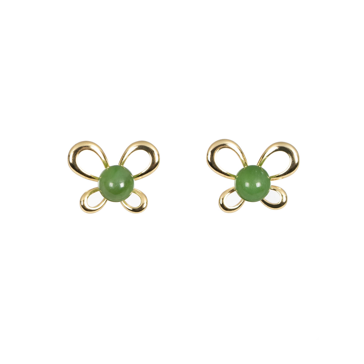 A pair of gold vermeil stud earrings designed with green nephrite jade beads and butterfly motifs.