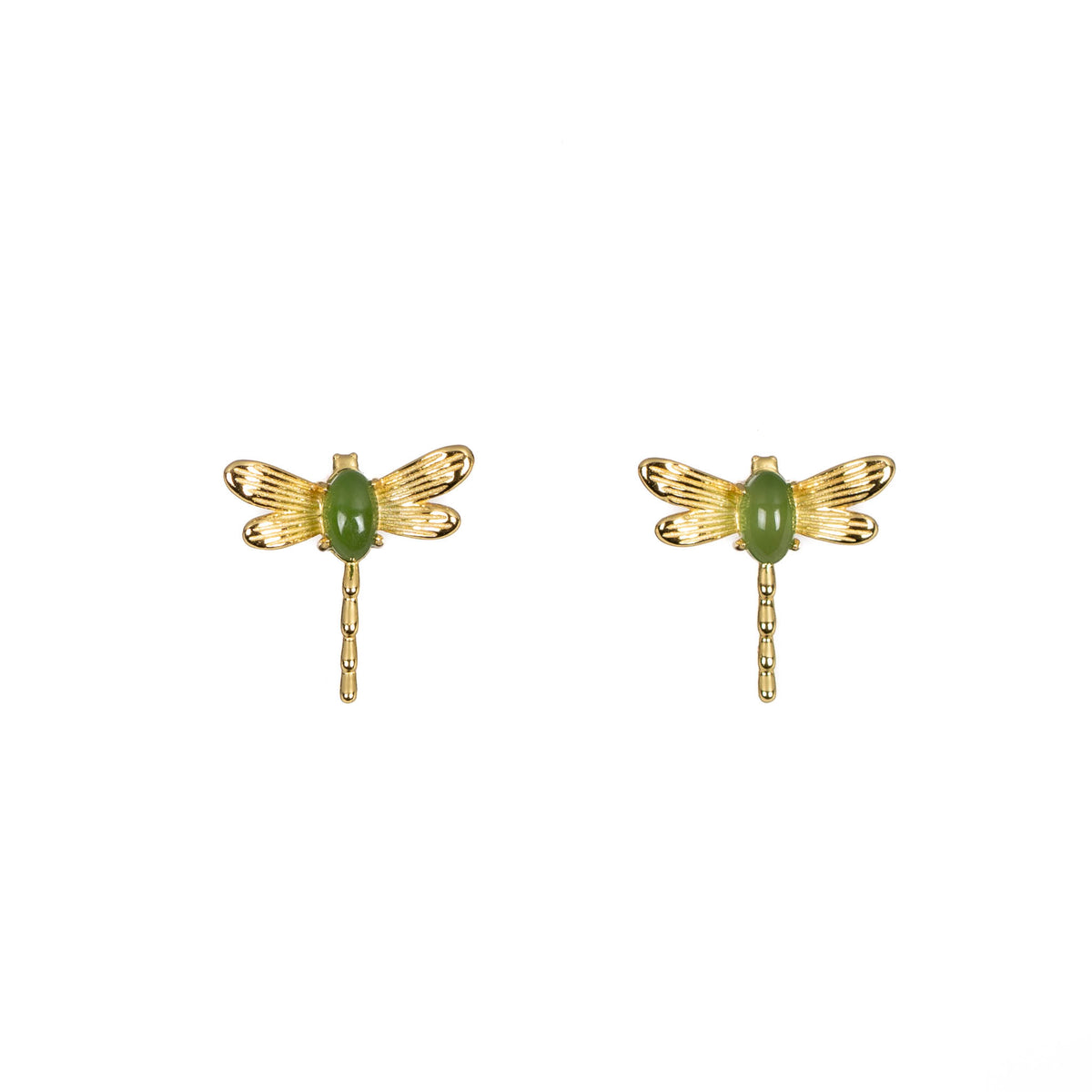 A pair of gold vermeil stud earrings featuring green nephrite jade cabochons and gold-tone wings.