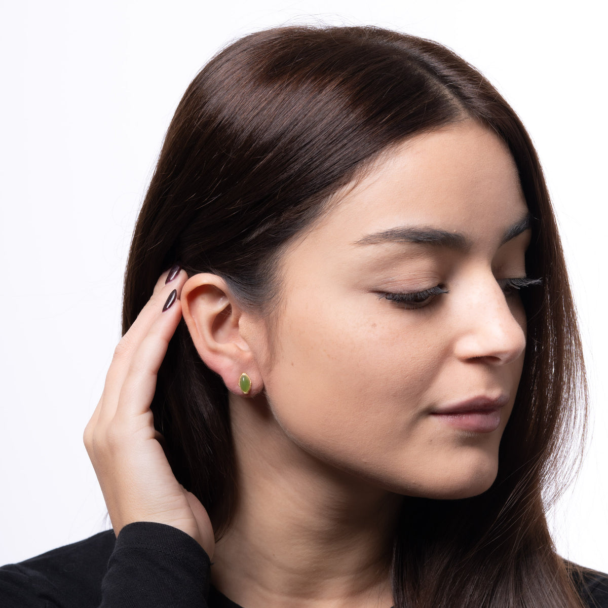 Jade Petal – Marquise Green Jade Stud Earrings in Gold Plated Sterling Silver