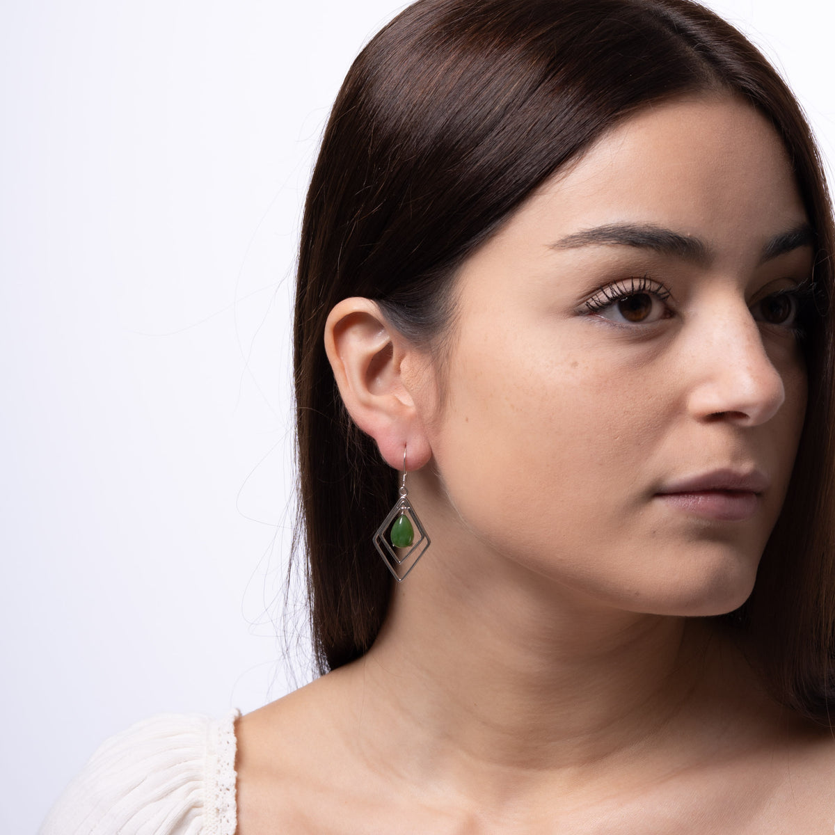 Jade Prism – Green Jade Teardrop Earrings with Double Diamond Frame in Sterling Silver