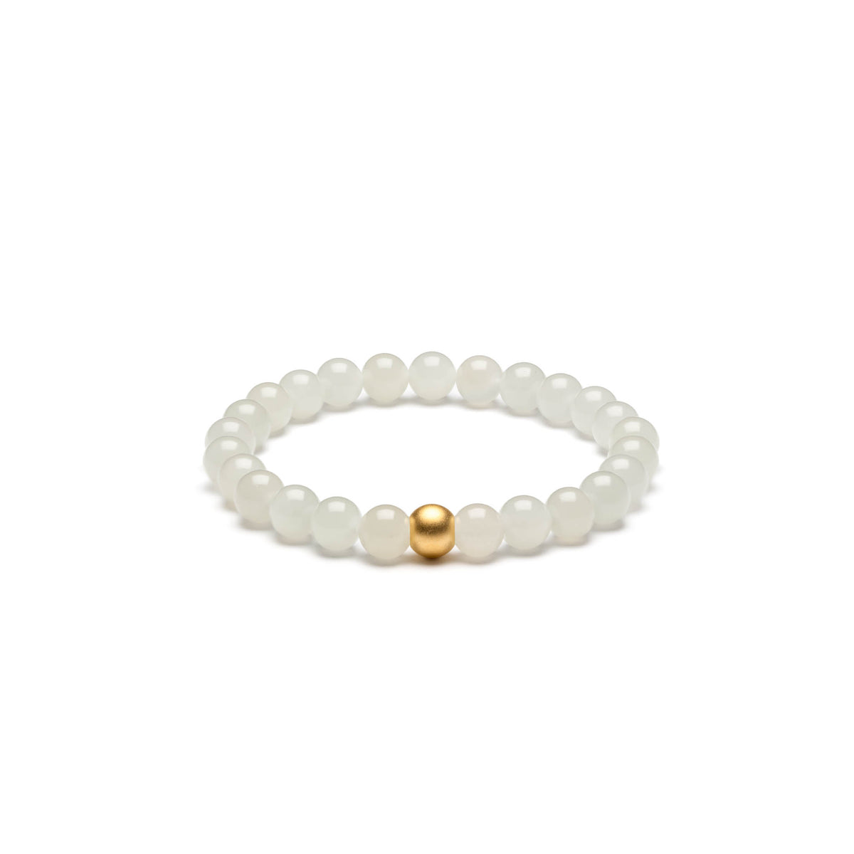 A bracelet featuring white mutton fat jade beads with a gold or silver accent, displayed on a white background.