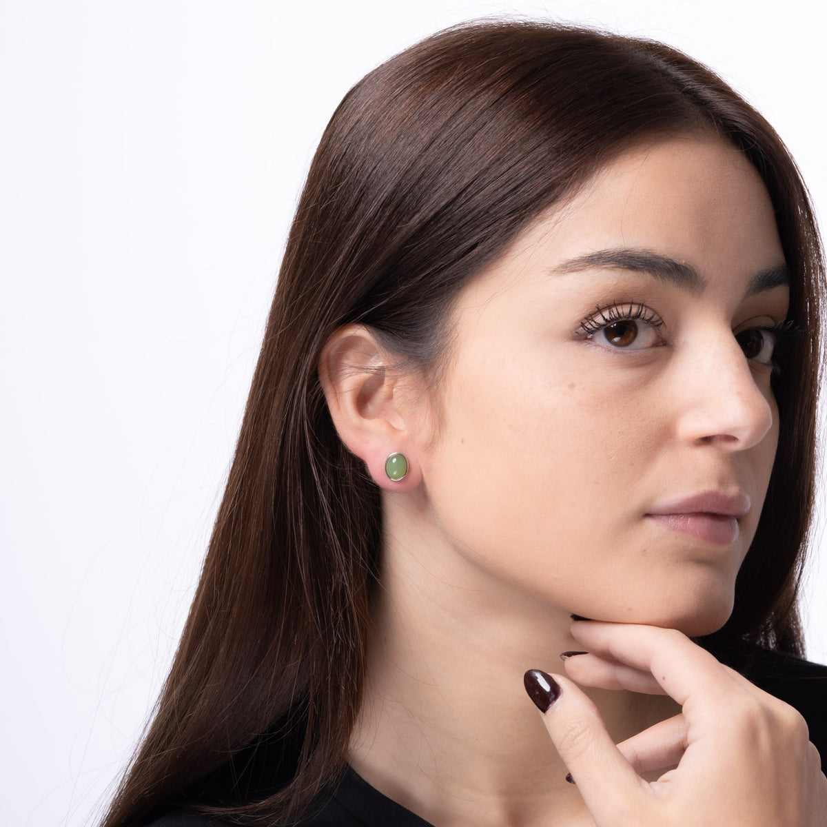 Sage Oval – Green Jade Oval Cabochon Stud Earrings in Sterling Silver