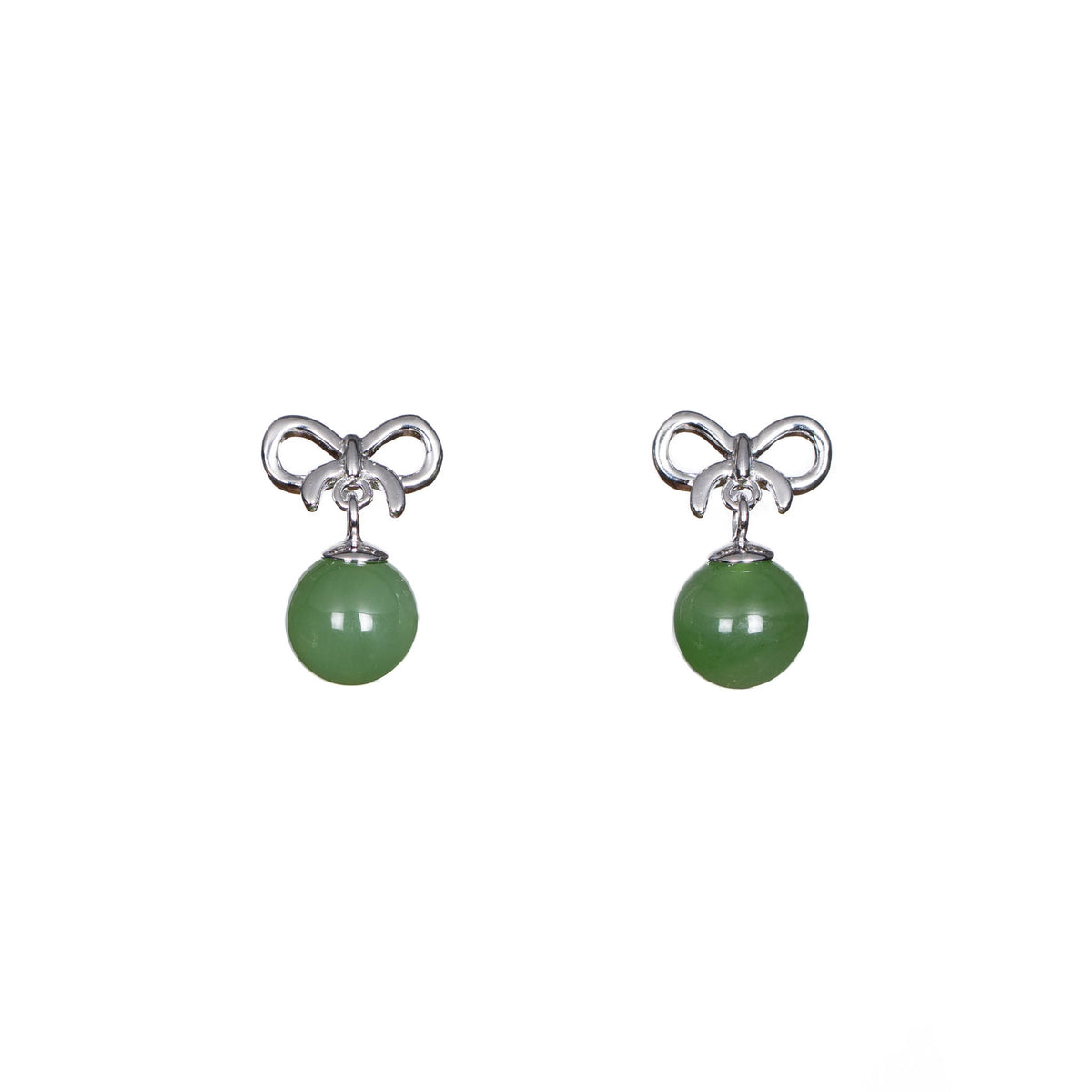Sterling Silver Bow Stud Earrings with Green Jade Drops – 925 Fine Jewellery