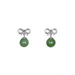 Sterling Silver Bow Stud Earrings with Green Jade Drops – 925 Fine Jewellery