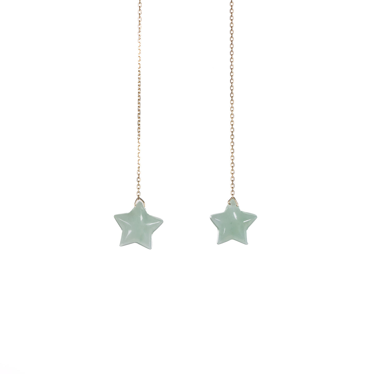 Celestial Star Jade Threader Earrings – Natural Green Jadeite in 18K Yellow Gold