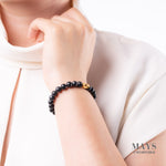 Small Grey and Black Jadeite Jade Bead Bracelet with 24k Gold Ingot - 7mm