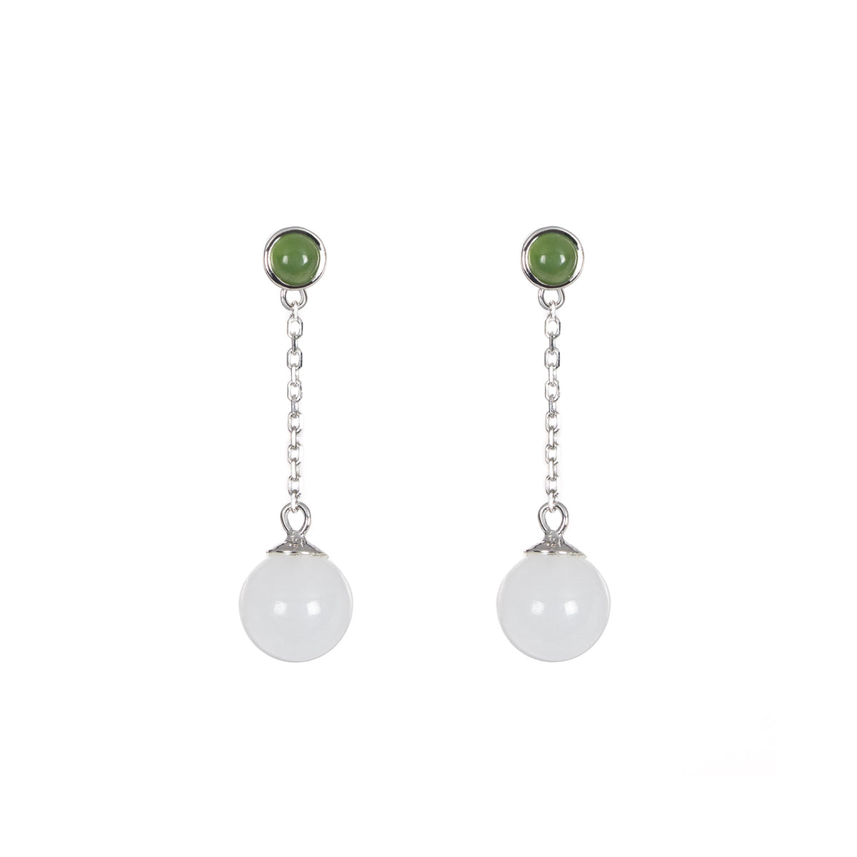 Harmony Bead – Green and White Jade Bead Drop Earrings in Sterling Silver