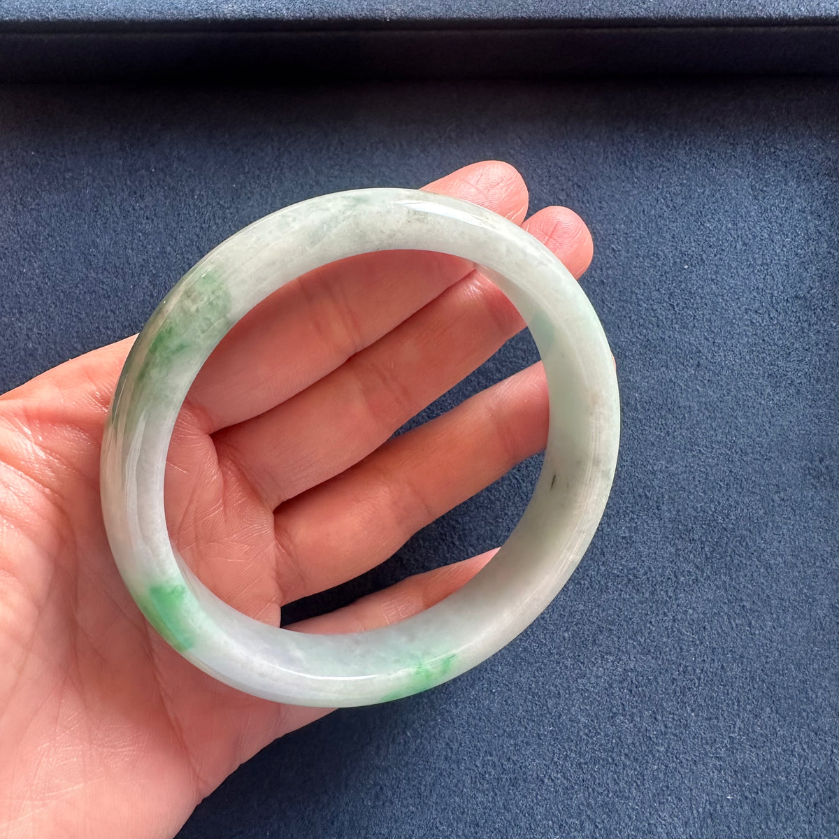 Authentic Grade A Light Grey with Emerald Green Pattern Jade Bangle Bracelet - 62mm Half Moon