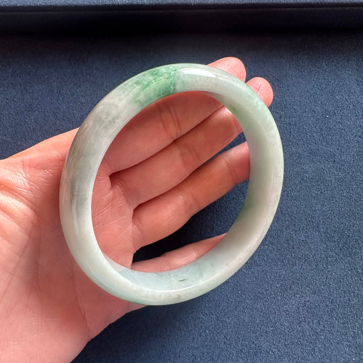 Authentic Grade A Light Grey with Emerald Green Pattern Jade Bangle Bracelet - 62mm Half Moon
