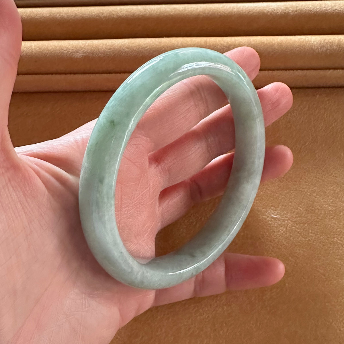 Certified Natural Light Green Jadeite Jade Bangle Bracelet - 63mm Semi Round