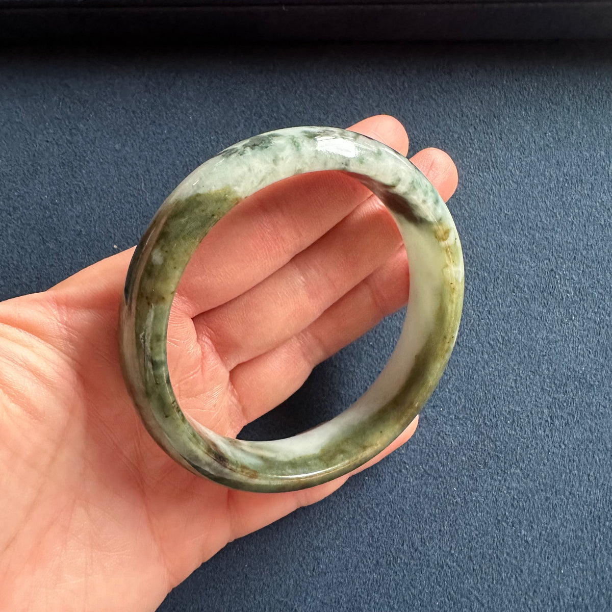 Natural Greyish White with Green Burma Jade Bangle - 59mm Half Moon