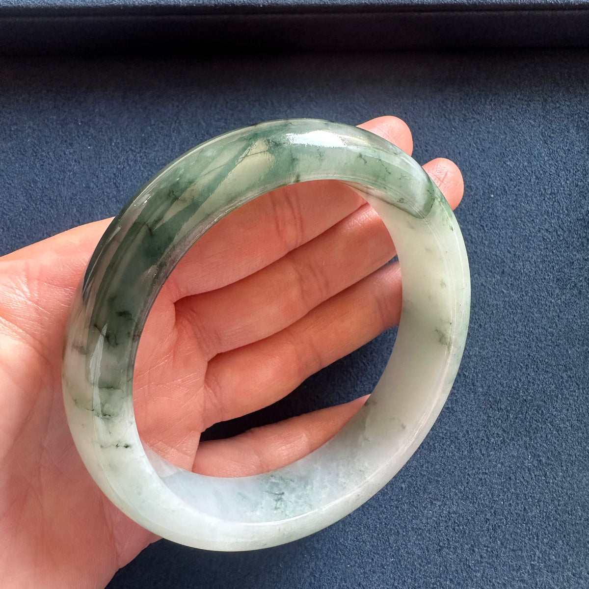 Genuine Grade A White and Green with Green Patterns Jadeite Bangle - 62mm Half Moon