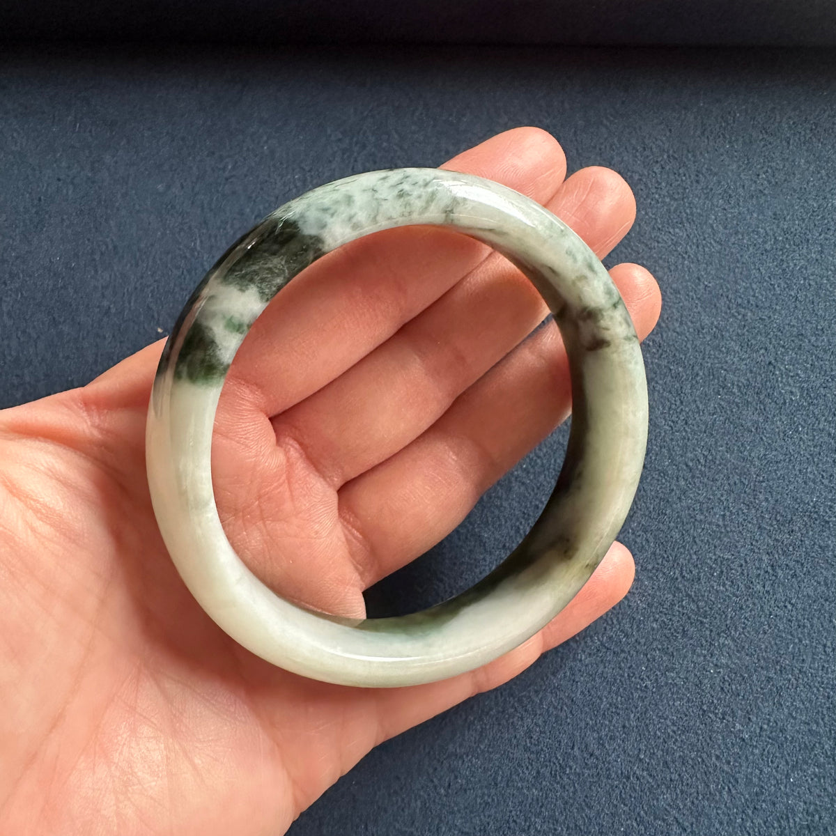 Natural Greyish White with Green Burma Jade Bangle - 59mm Half Moon