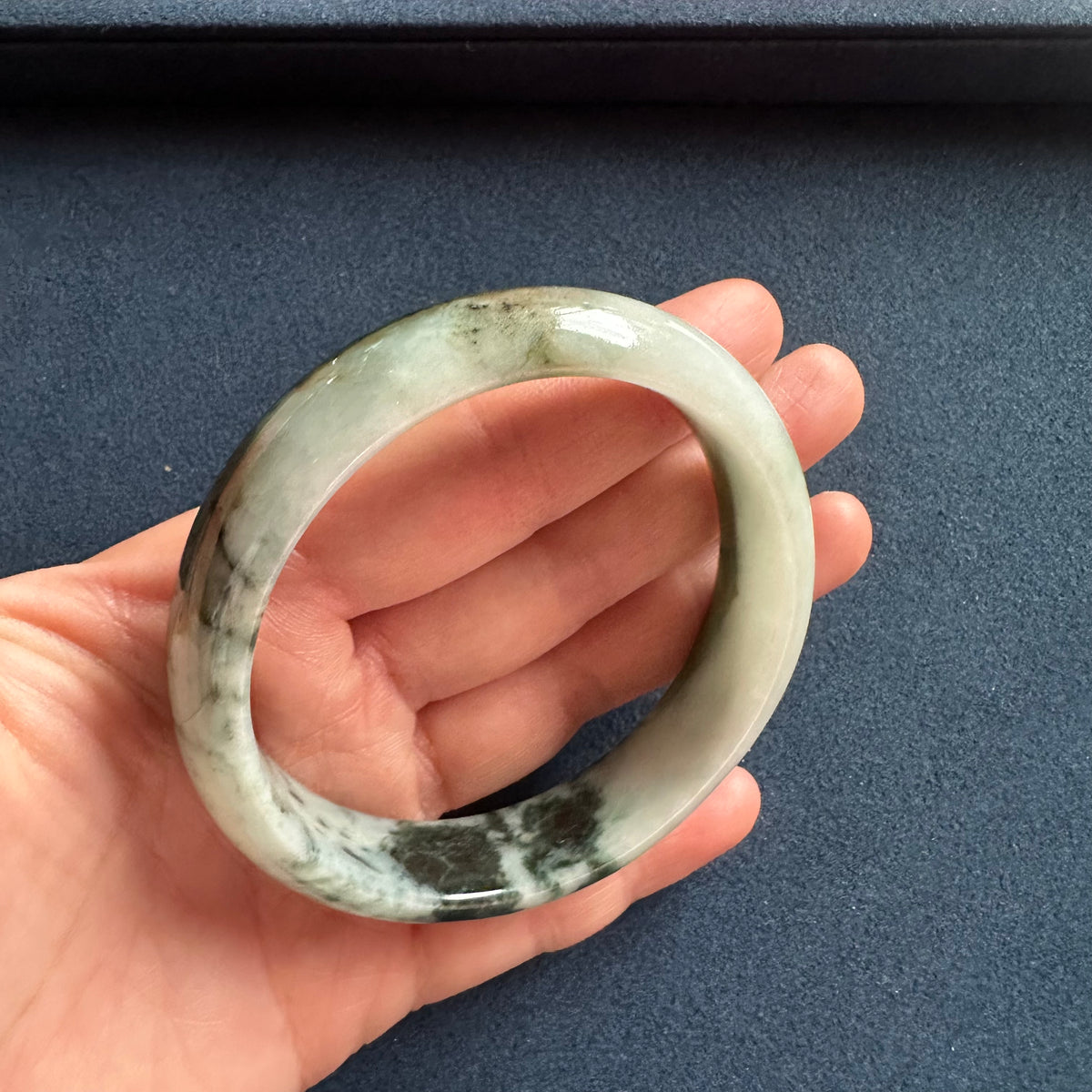 Natural Greyish White with Green Burma Jade Bangle - 59mm Half Moon