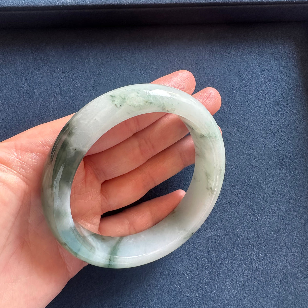 Genuine Grade A White and Green with Green Patterns Jadeite Bangle - 62mm Half Moon