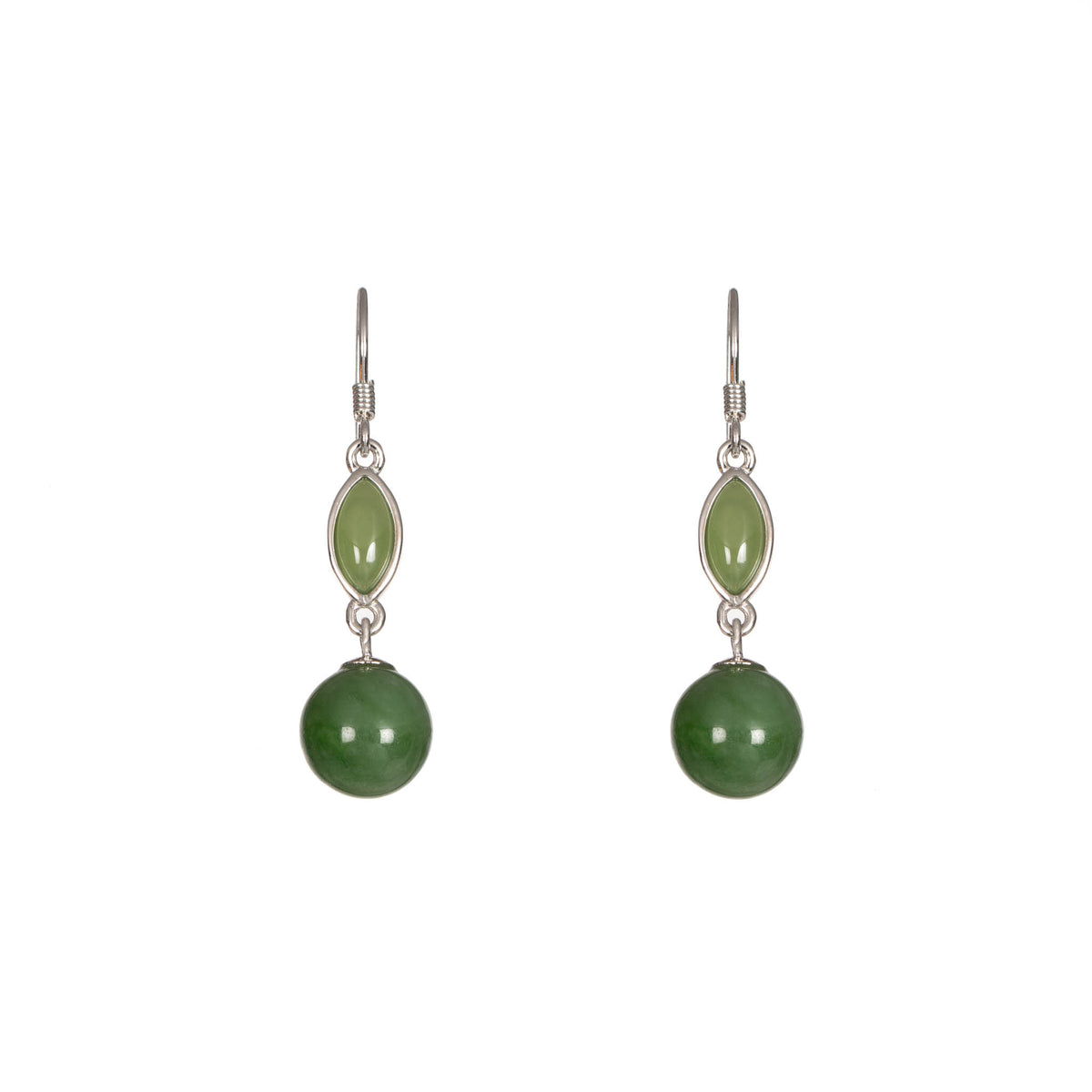 Jade Harmony Drops – Green Jade Marquise and Bead Drop Earrings in Sterling Silver