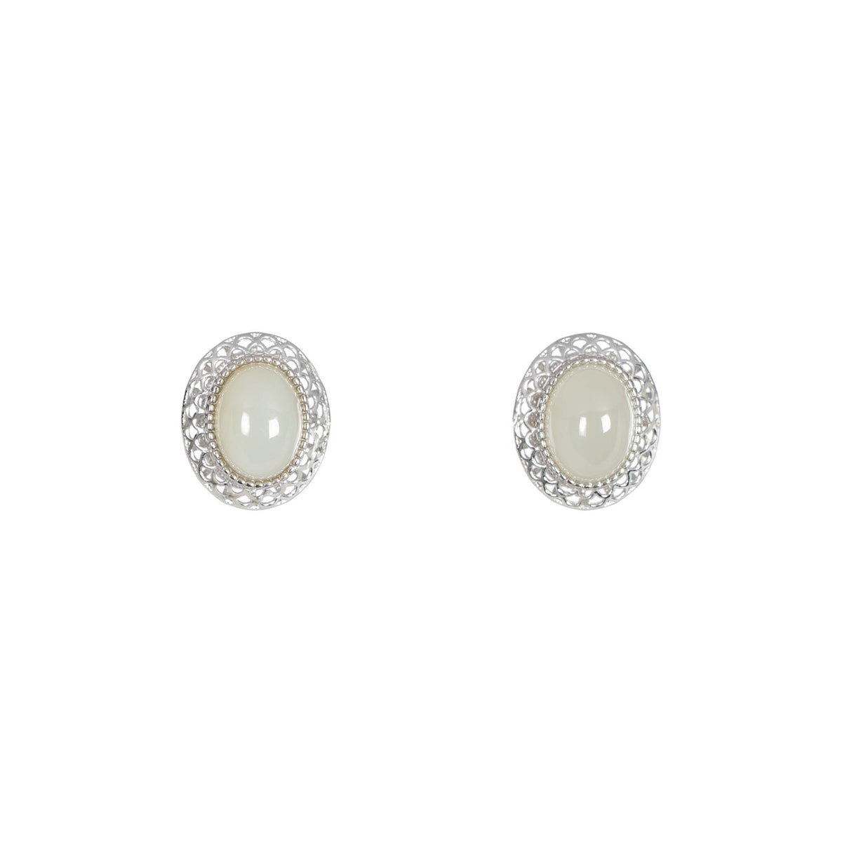 Lotus Glow – White Jade Oval Stud Earring with Filigree Frame in Sterling Silver