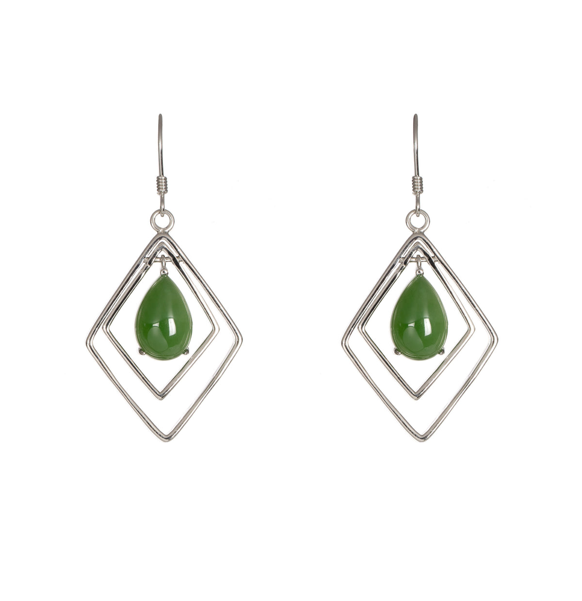 Jade Prism – Green Jade Teardrop Earrings with Double Diamond Frame in Sterling Silver