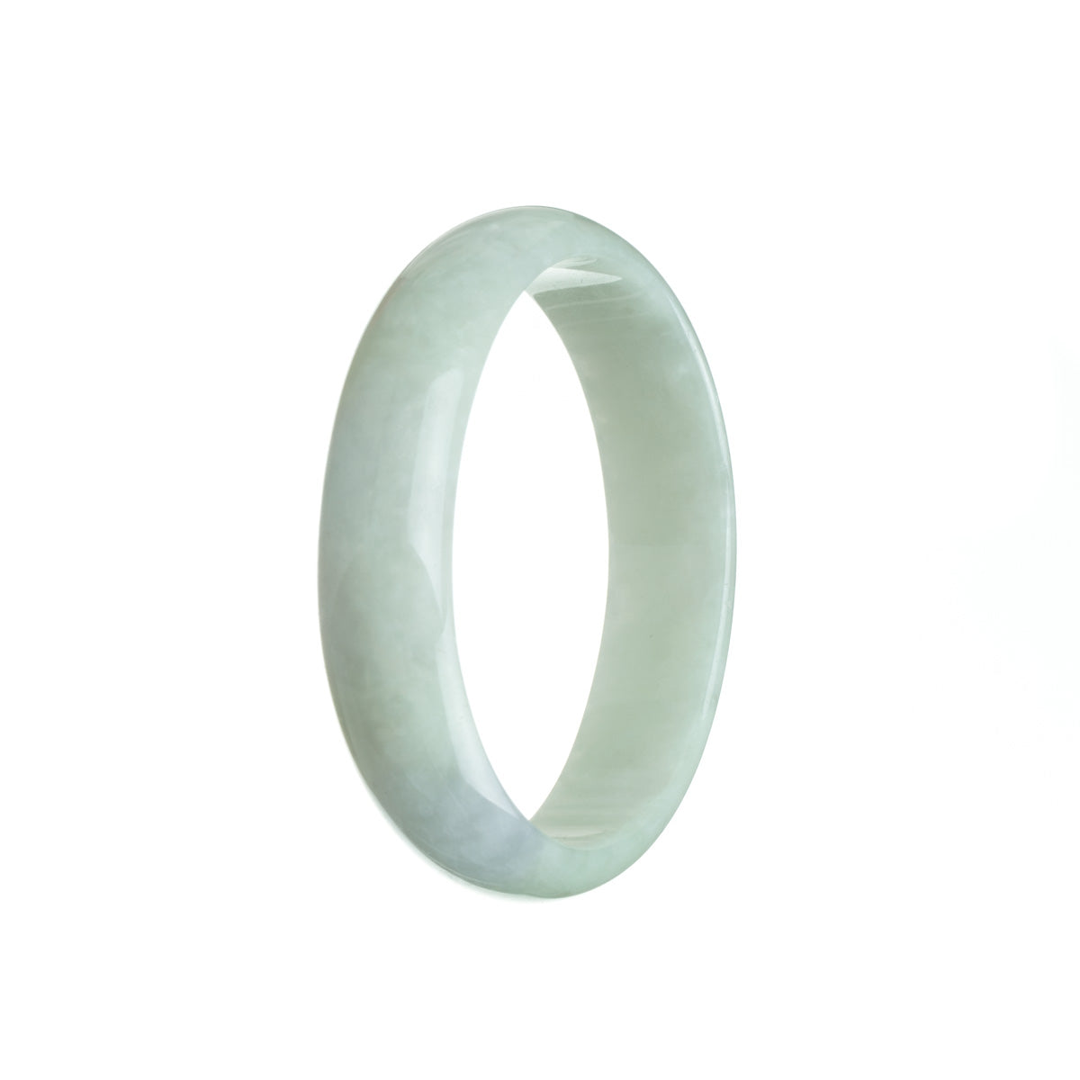 A stunning oval-shaped Burmese Jade bangle bracelet with a pale green color and subtle hints of lavender. The bracelet is made from genuine Grade A jade and measures 58mm in size. Perfect for adding an elegant touch to any outfit.