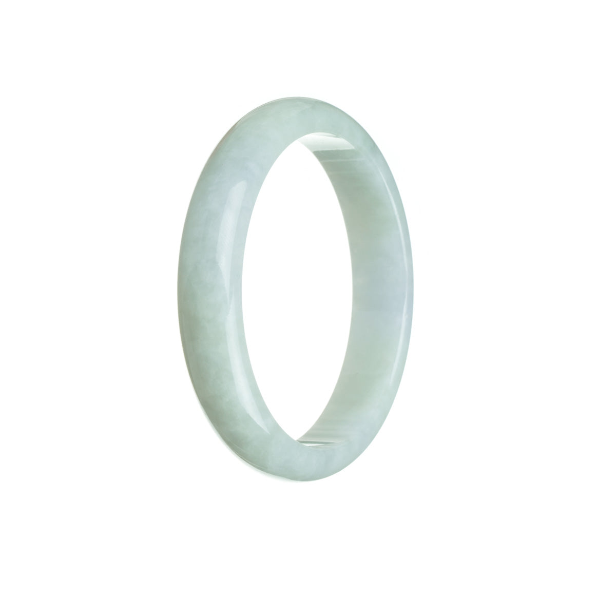 A beautiful pale green Burmese Jade bangle with a half moon shape, measuring 54mm. Exquisite craftsmanship by MAYS.