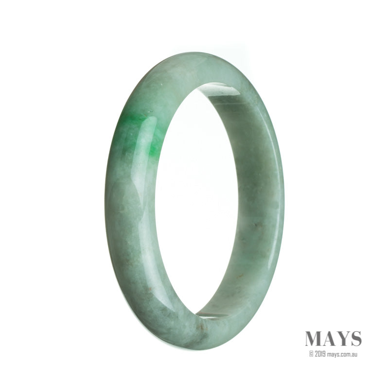 A close-up photo of a white and green jade bangle bracelet with a semi-round shape and a diameter of 64mm. The bracelet has a genuine Type A jade stone, known for its high quality and vibrant colors. It is a beautiful piece of jewelry from MAYS GEMS.