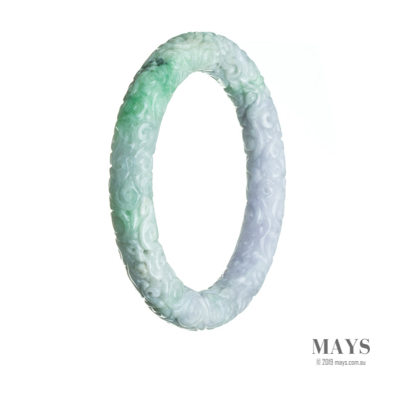 Image of a lavender-colored jade bangle bracelet with intricate green carvings.