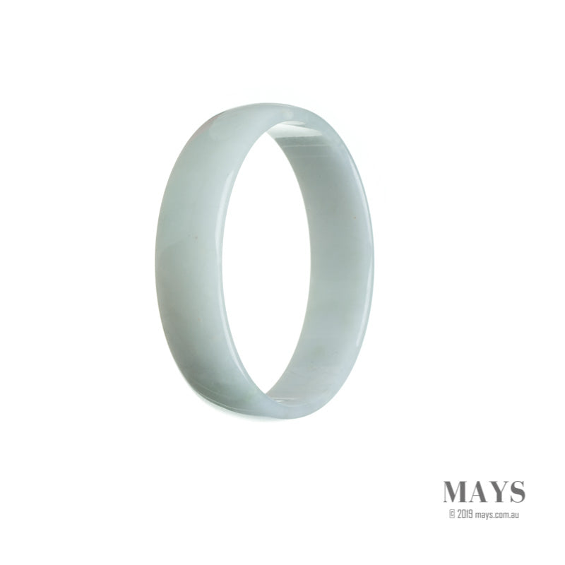 A close-up image of an untreated white jade bangle with a flat surface, measuring 53mm in diameter. The bangle is of authentic quality and is sold by MAYS.