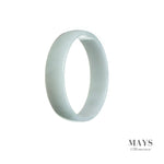 A close-up image of an untreated white jade bangle with a flat surface, measuring 53mm in diameter. The bangle is of authentic quality and is sold by MAYS.