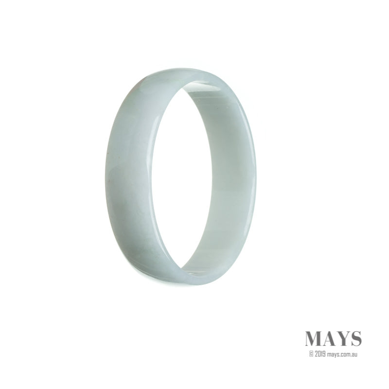 A close-up image of a flat, certified untreated white Burma jade bangle bracelet with a diameter of 53mm. The bracelet is beautifully crafted and showcases the natural beauty of the jade stone.